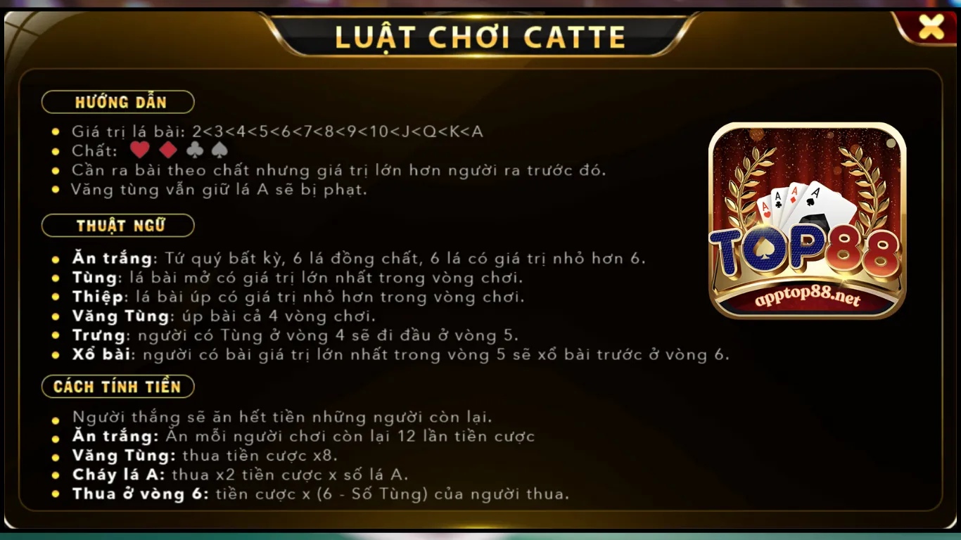 Luật chơi catte top88 đơn giản