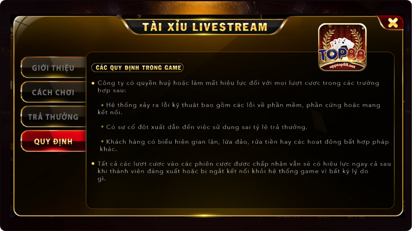 Quy định chơi tài xỉu trực tuyến tại Top88